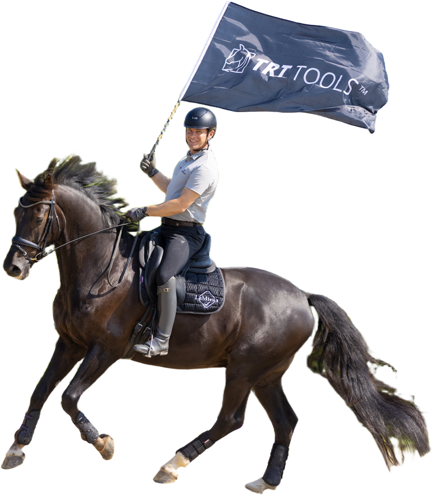 Tristan Tucker cantering a relaxed dark bay horse on a loose rein while carrying a large flag