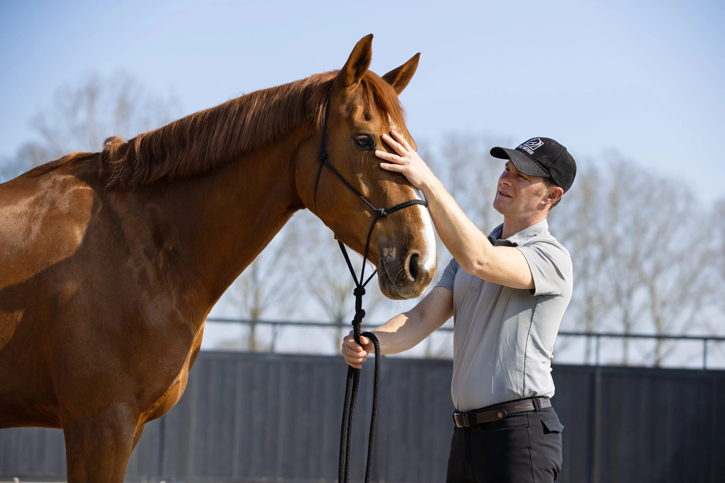 Tristan Tucker gently resting a hand on a relaxed chestnut horse's forehead