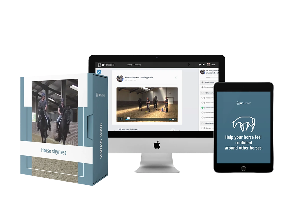 Horse Shyness digital course shown on desktop, tablet, and course box