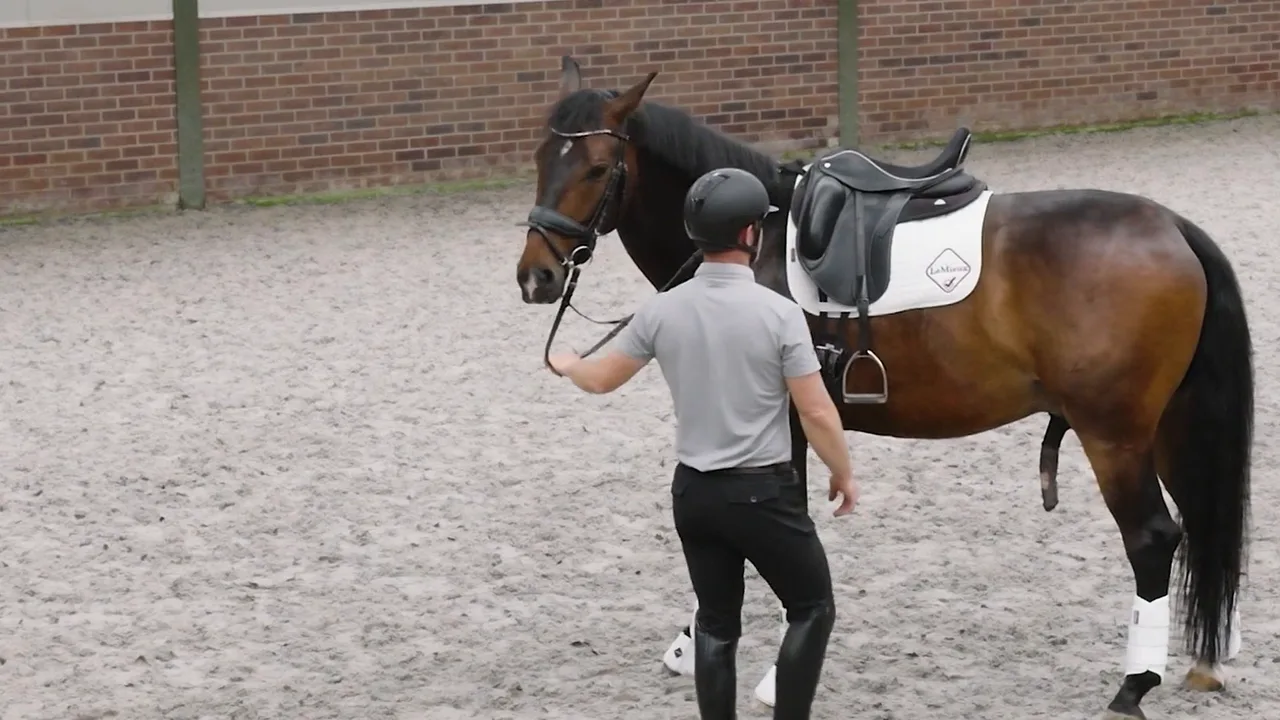Tristan Tucker walking a saddled horse forward in an indoor arena
