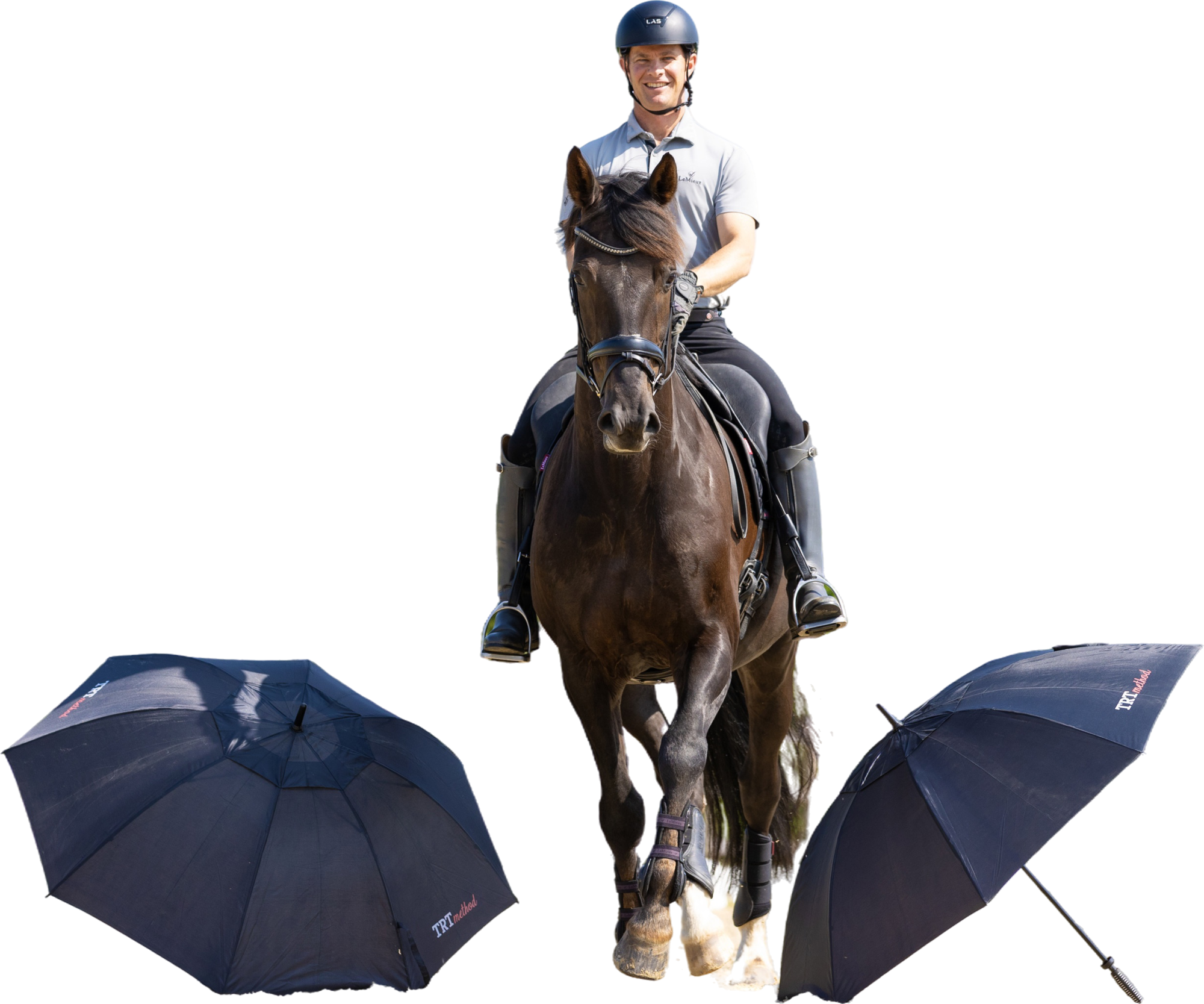 Tristan Tucker standing beside a relaxed horse with a waving flag next to him