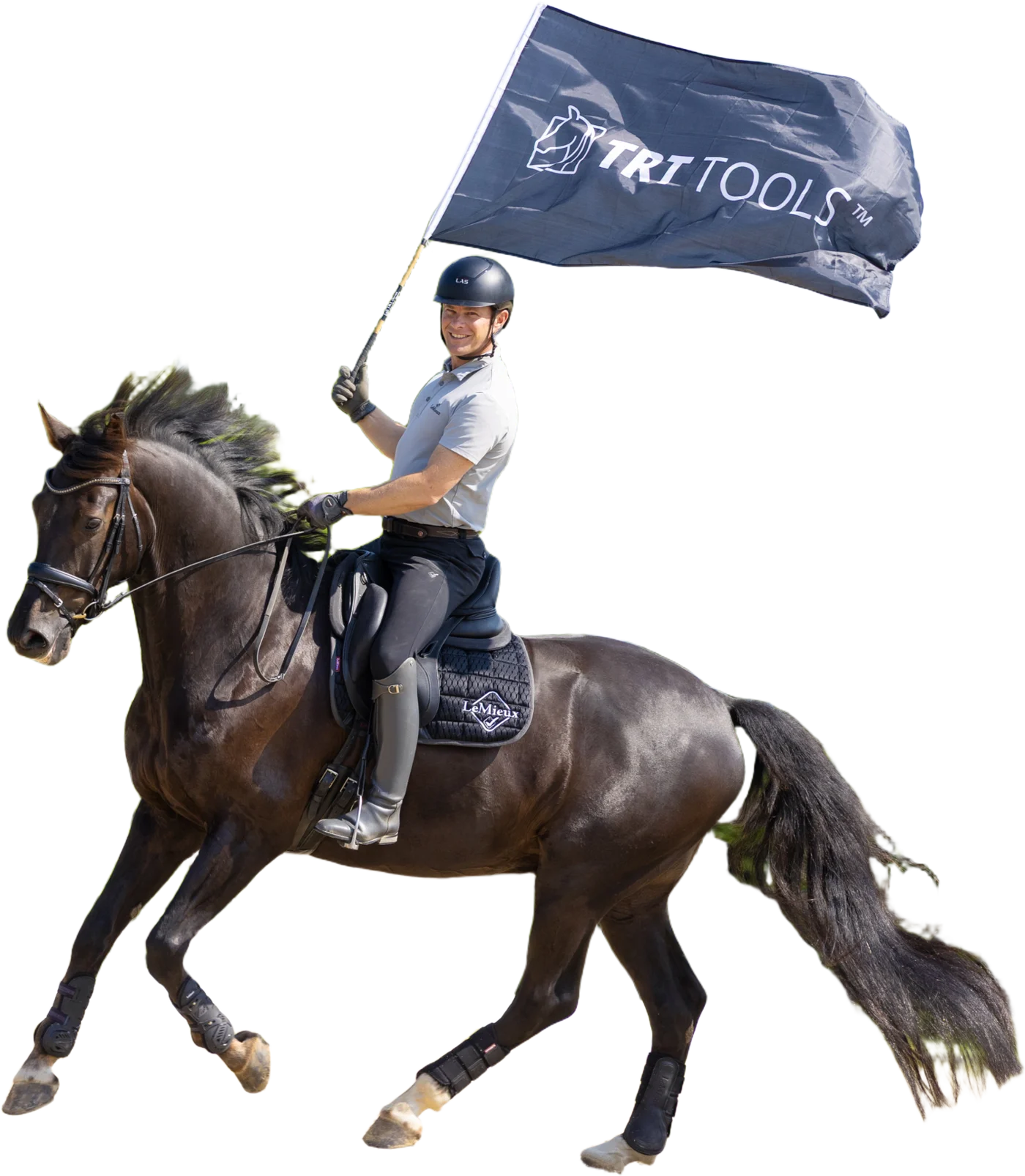 Tristan Tucker cantering a horse while holding a TRT Tools flag