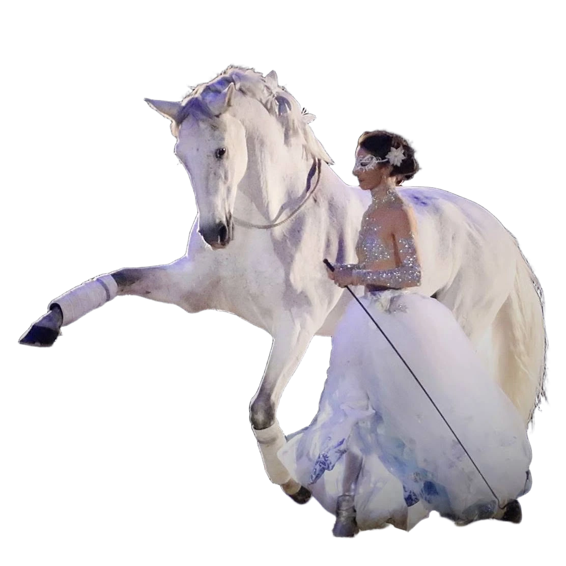 Alizée standing in connection with her white horse