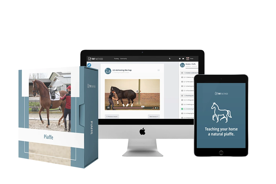 Piaffe Course digital package shown on desktop, tablet, and course box