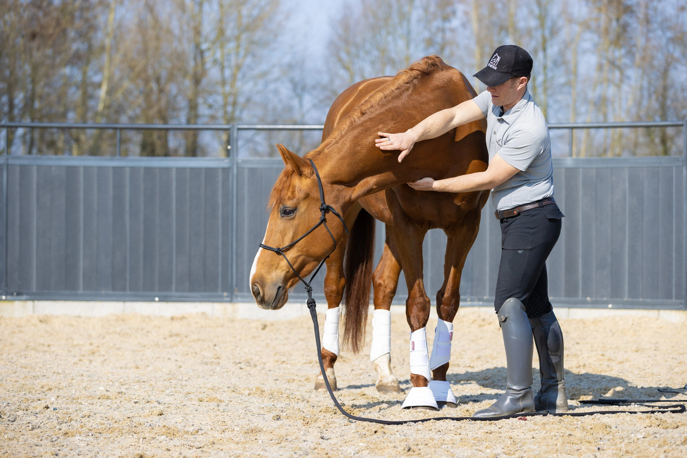 Tristan Tucker doing a groundwork exercise, helping a chestnut horse lower and stretch his neck