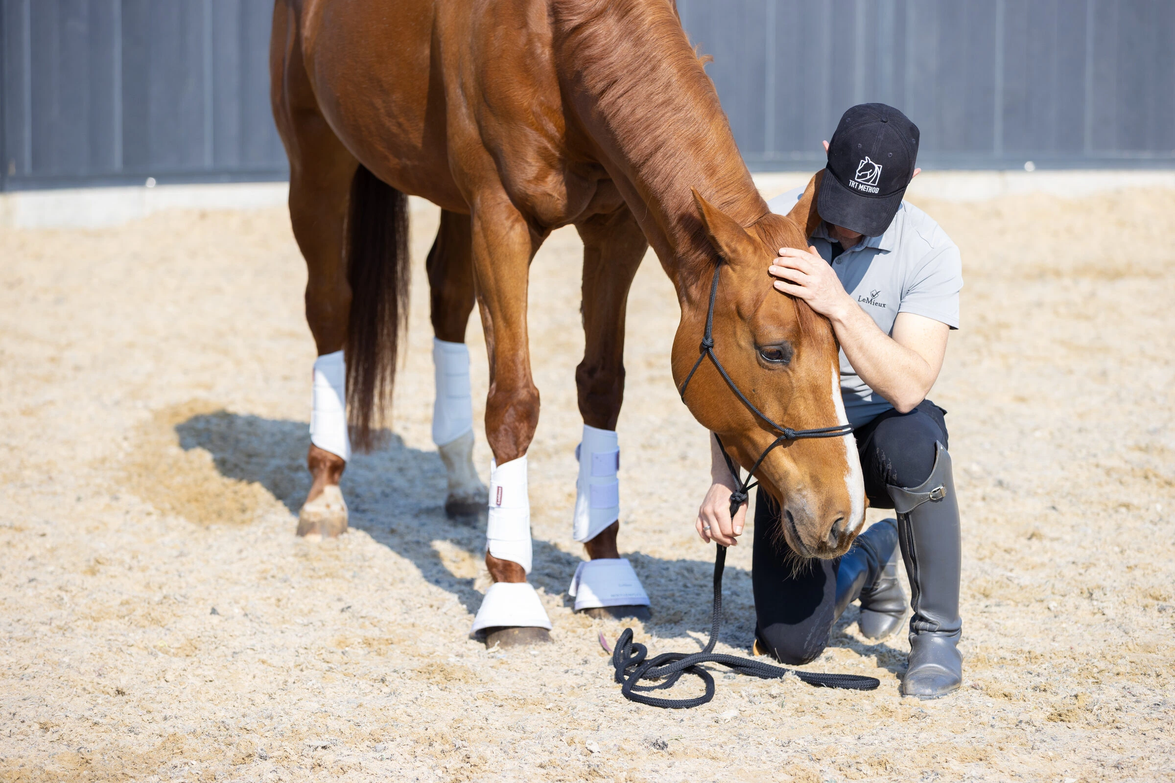 Tristan Tucker kneeling calmly beside a chestnut horse with a lowered, relaxed head