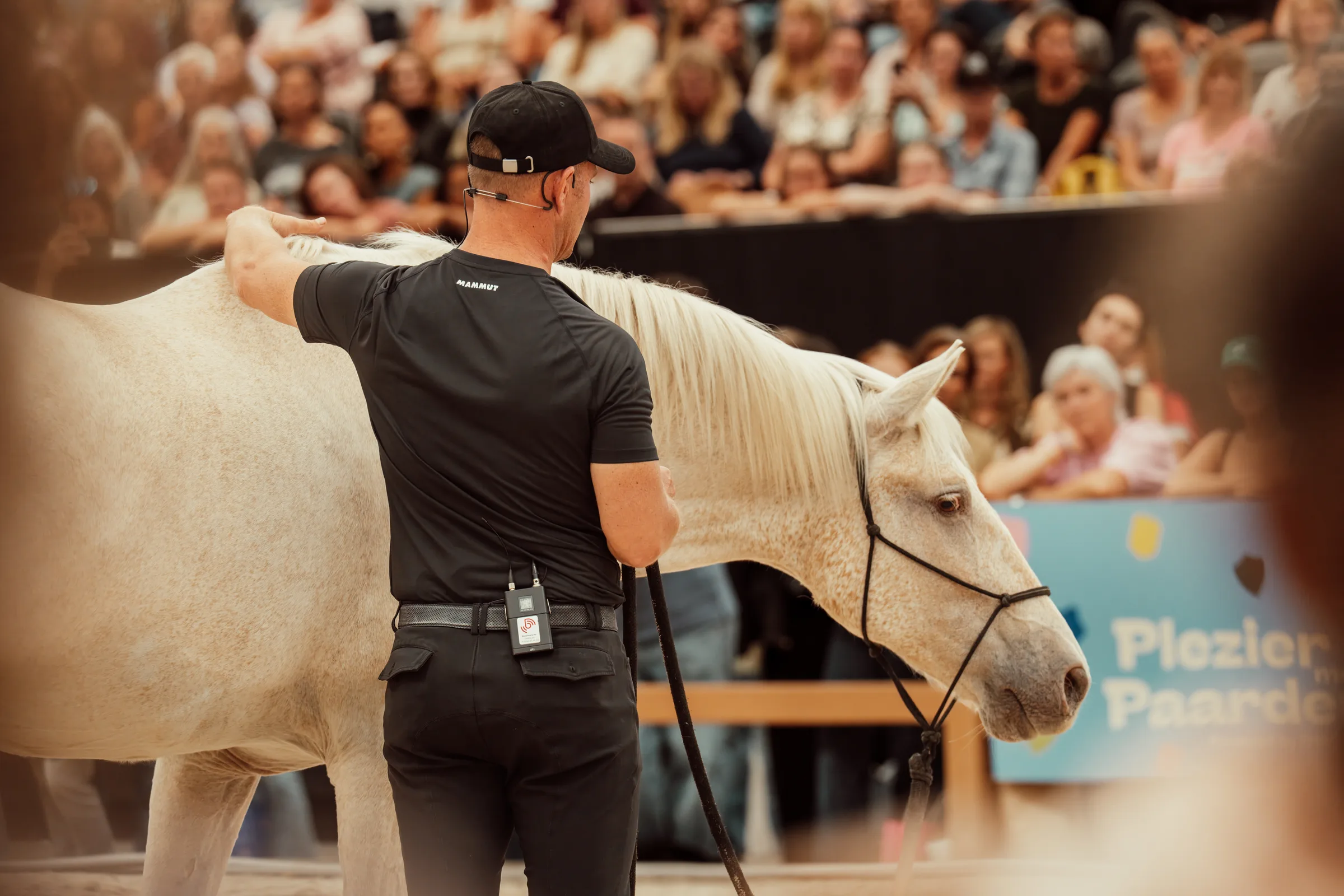 Tristan Tucker working with a horse in the packed Horse Event arena