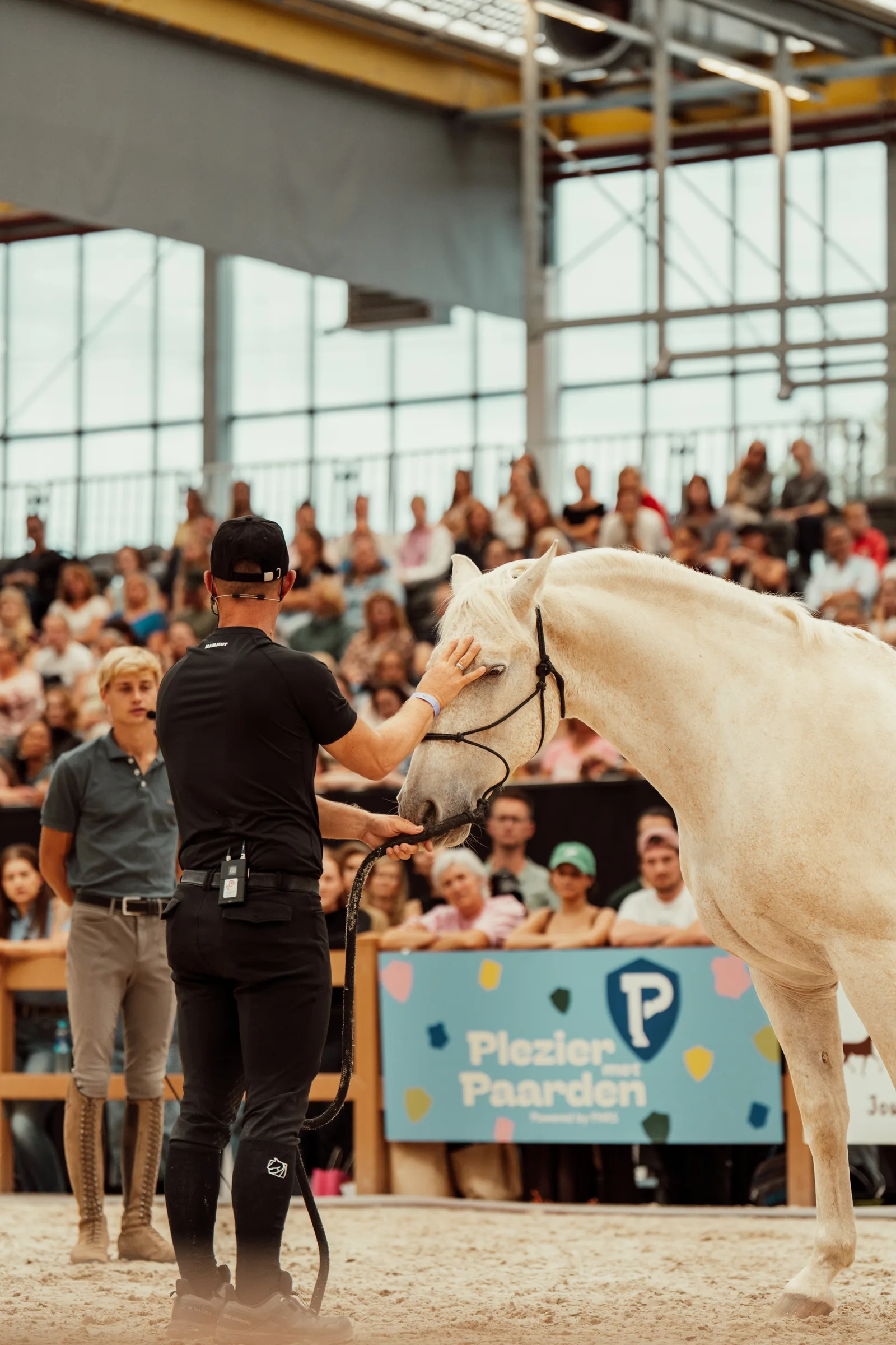 Tristan Tucker helping a white horse relax during a Horse Event clinic